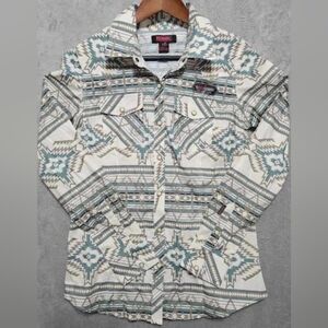 Rock & Roll Denim Western Shirt Mens Medium Aztec Brushed Teal Snap Front